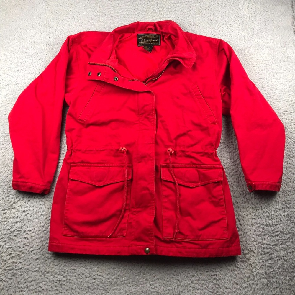Vintage Eddie Bauer Utility Jacket Womens M Red Canvas Military Chore Coat Parka